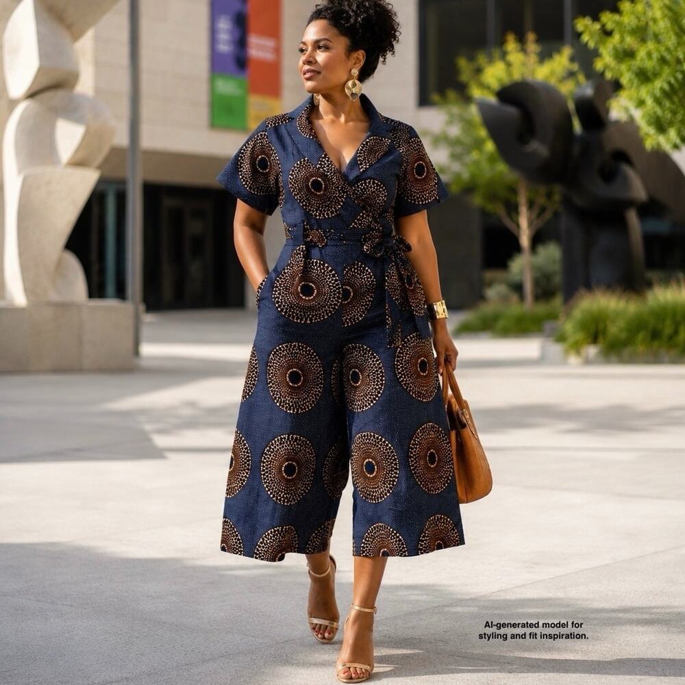 Ankara Wax Print Wide Leg Jumpsuit Afropolitan Wrap Culottes L XL Grass-fields